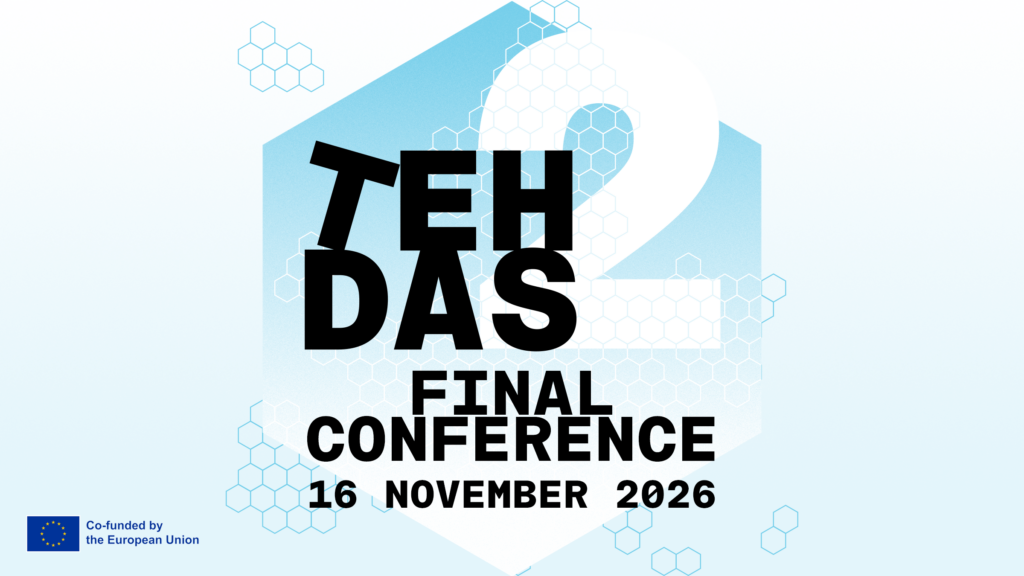 TEHDAS2 final conference graphic with date “16 November 2026,” EU co‑funding logo, and abstract blue hexagon background.